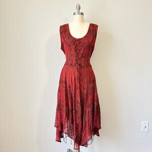 SAKKAS Sundara Midi Dress Red Embroidered Sleeveless Renaissance NWT